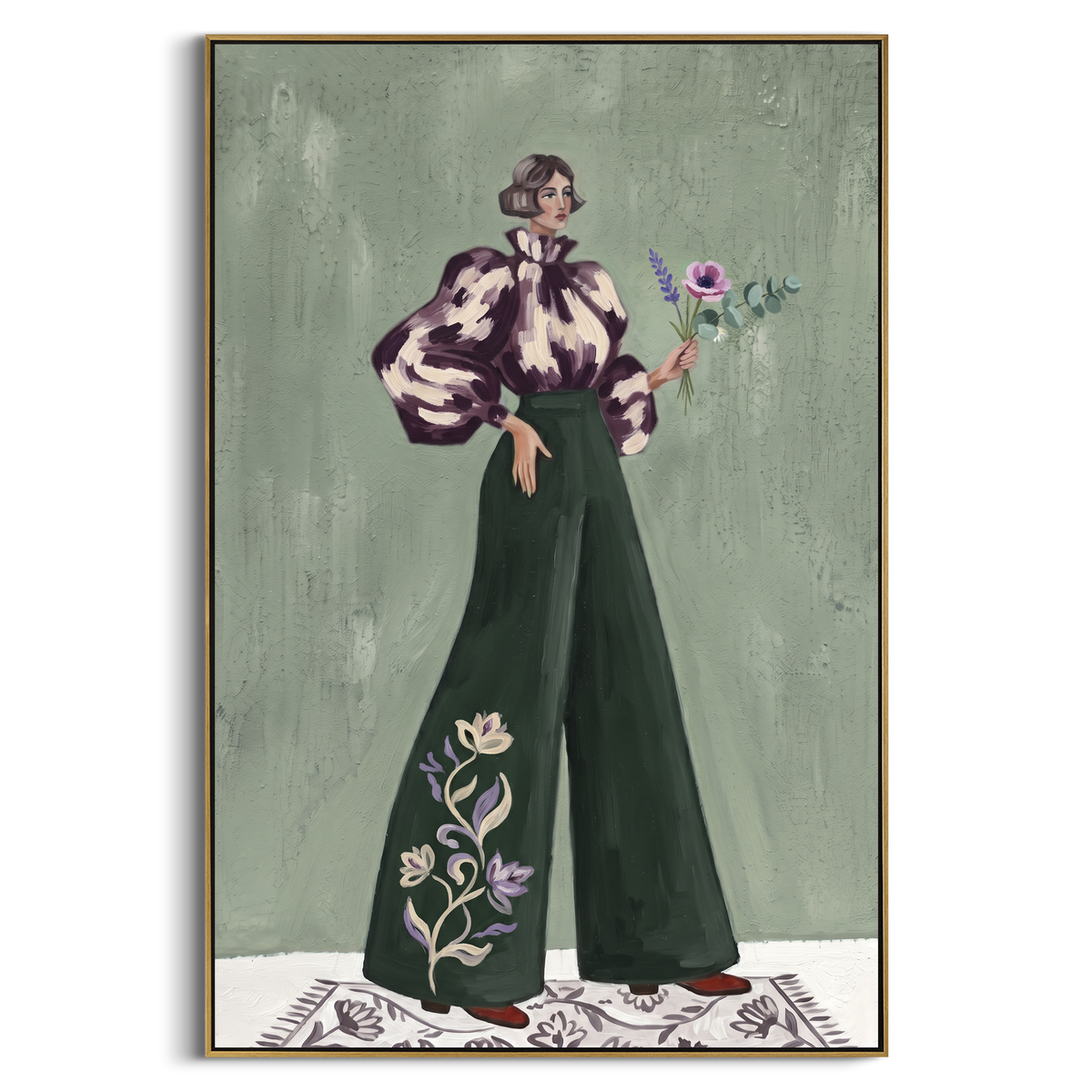 Quiet Still Wide-Legged Fashion Figure focuses on a stylized fashion figure in dramatic trousers, blouse, or patterned coat. The composition keeps the principal subject clearly separated from the painted field, so the eye can follow the specific gesture, silhouette, garment, fur, petal, ridge, or river visible in this artwork. Its color relationships move between blue, beige, and brown, with lighter passages opening the focal area and deeper strokes giving the forms weight. Palette-knife edges