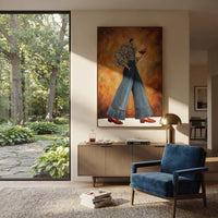 Luminous Still Wide-Legged Fashion Figure focuses on a stylized fashion figure in dramatic trousers, blouse, or patterned coat. The composition keeps the principal subject clearly separated from the painted field, so the eye can follow the specific gesture, silhouette, garment, fur, petal, ridge, or river visible in this artwork. Its color relationships move between orange, pink, and green, with lighter passages opening the focal area and deeper strokes giving the forms weight. Palette-knife