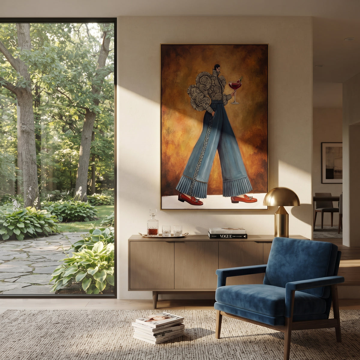 Luminous Still Wide-Legged Fashion Figure focuses on a stylized fashion figure in dramatic trousers, blouse, or patterned coat. The composition keeps the principal subject clearly separated from the painted field, so the eye can follow the specific gesture, silhouette, garment, fur, petal, ridge, or river visible in this artwork. Its color relationships move between orange, pink, and green, with lighter passages opening the focal area and deeper strokes giving the forms weight. Palette-knife