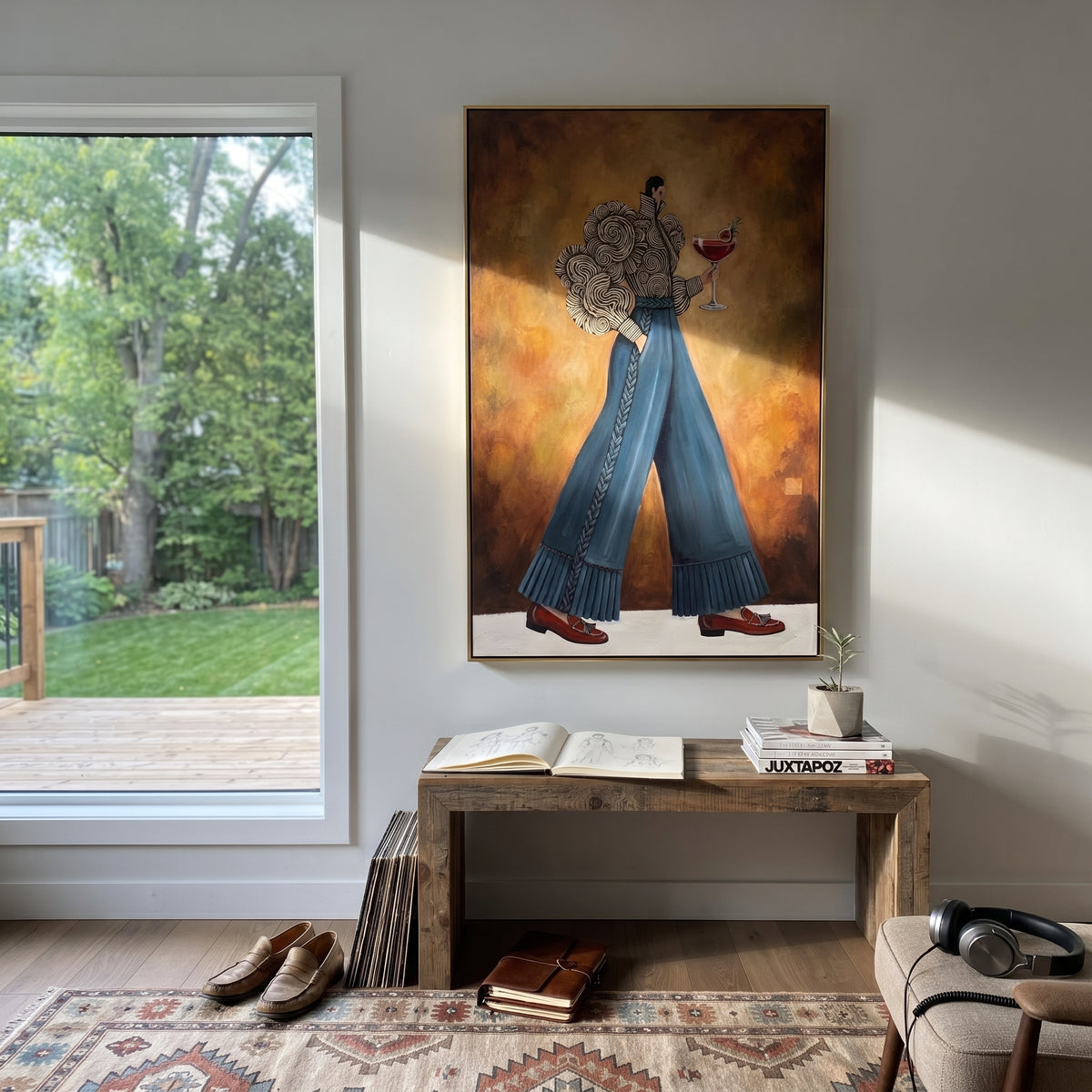 Luminous Still Wide-Legged Fashion Figure focuses on a stylized fashion figure in dramatic trousers, blouse, or patterned coat. The composition keeps the principal subject clearly separated from the painted field, so the eye can follow the specific gesture, silhouette, garment, fur, petal, ridge, or river visible in this artwork. Its color relationships move between orange, pink, and green, with lighter passages opening the focal area and deeper strokes giving the forms weight. Palette-knife