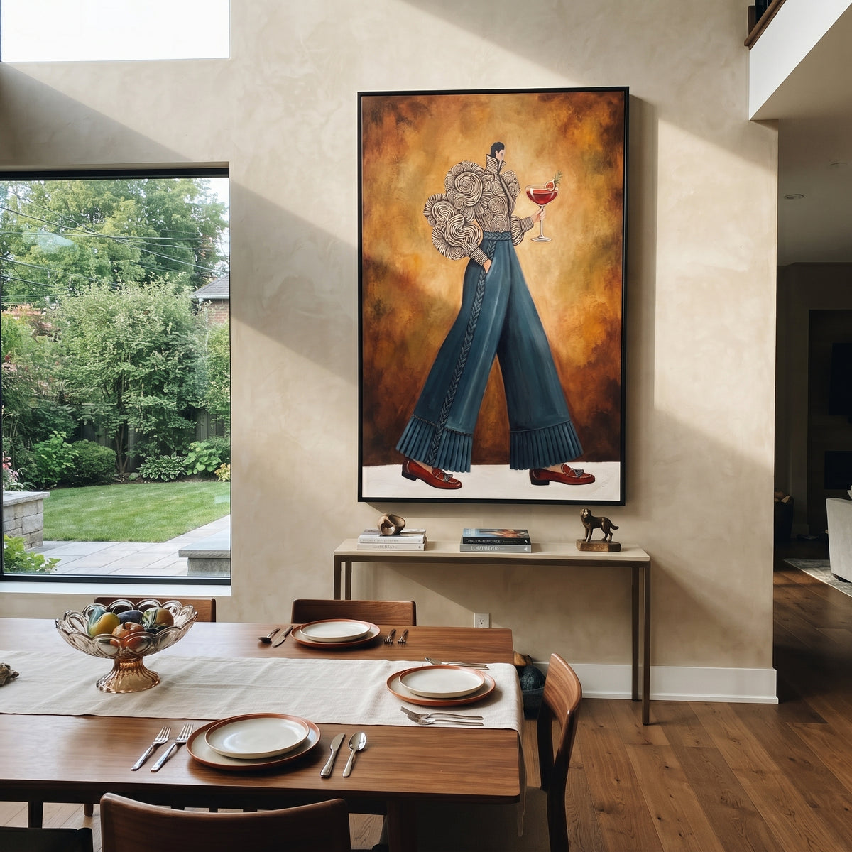 Luminous Still Wide-Legged Fashion Figure focuses on a stylized fashion figure in dramatic trousers, blouse, or patterned coat. The composition keeps the principal subject clearly separated from the painted field, so the eye can follow the specific gesture, silhouette, garment, fur, petal, ridge, or river visible in this artwork. Its color relationships move between orange, pink, and green, with lighter passages opening the focal area and deeper strokes giving the forms weight. Palette-knife