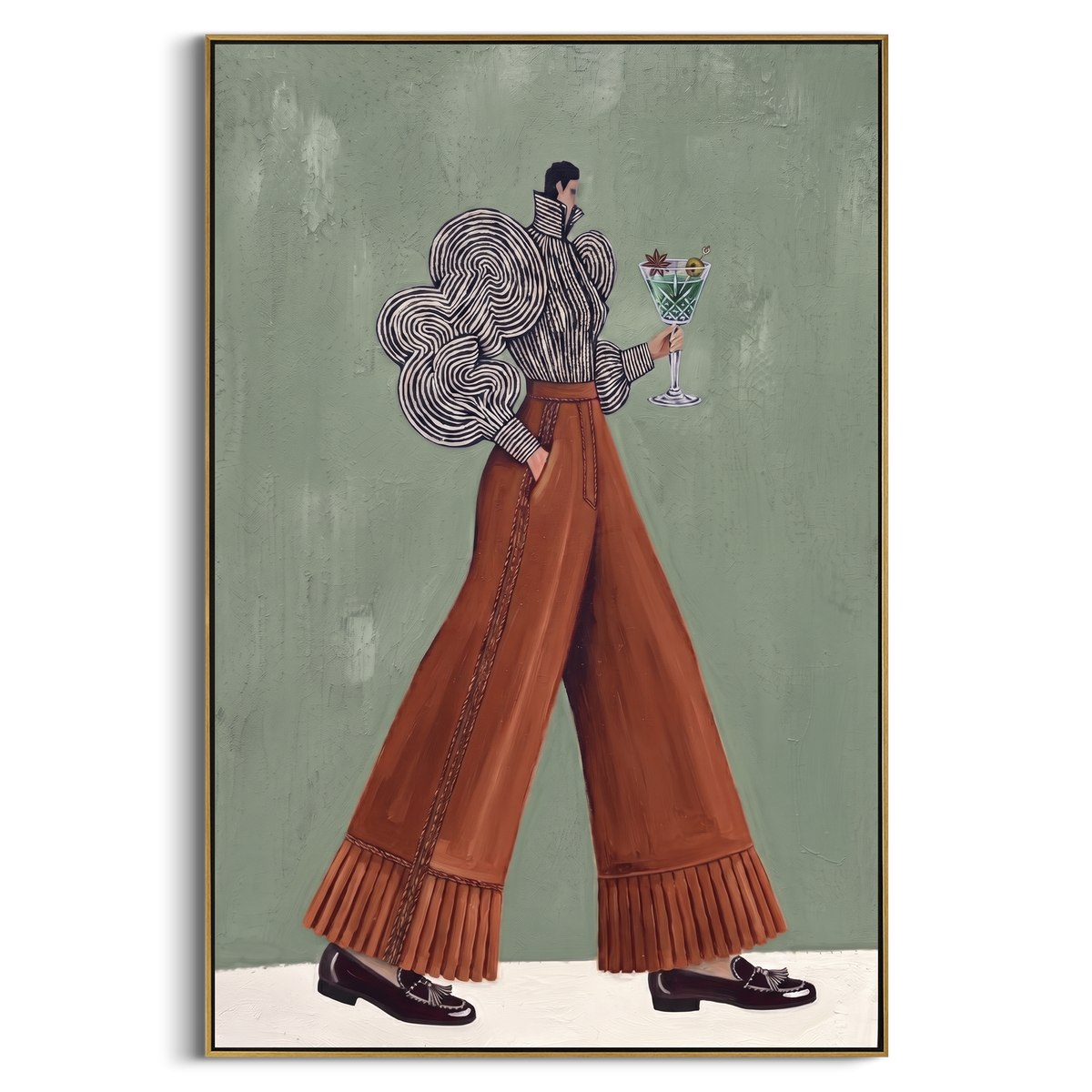 Cobalt Still Wide-Legged Fashion Figure focuses on a stylized fashion figure in dramatic trousers, blouse, or patterned coat. The composition keeps the principal subject clearly separated from the painted field, so the eye can follow the specific gesture, silhouette, garment, fur, petal, ridge, or river visible in this artwork. Its color relationships move between blue, grey, and white, with lighter passages opening the focal area and deeper strokes giving the forms weight. Palette-knife edges