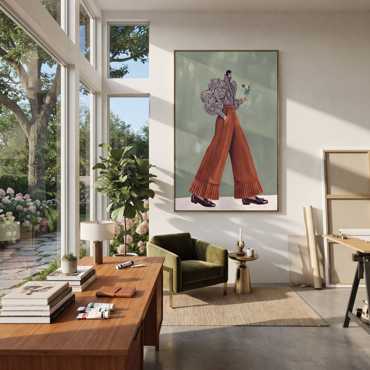 Cobalt Still Wide-Legged Fashion Figure focuses on a stylized fashion figure in dramatic trousers, blouse, or patterned coat. The composition keeps the principal subject clearly separated from the painted field, so the eye can follow the specific gesture, silhouette, garment, fur, petal, ridge, or river visible in this artwork. Its color relationships move between blue, grey, and white, with lighter passages opening the focal area and deeper strokes giving the forms weight. Palette-knife edges