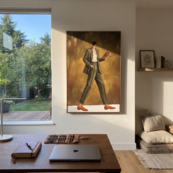 "Mossy Still Wide-Legged Fashion Figure" - Modern Heavy Impasto Landscape Artwork | Green & Brown Palette Knife Painting | Luxury Vertical Wall Art #PT 3211