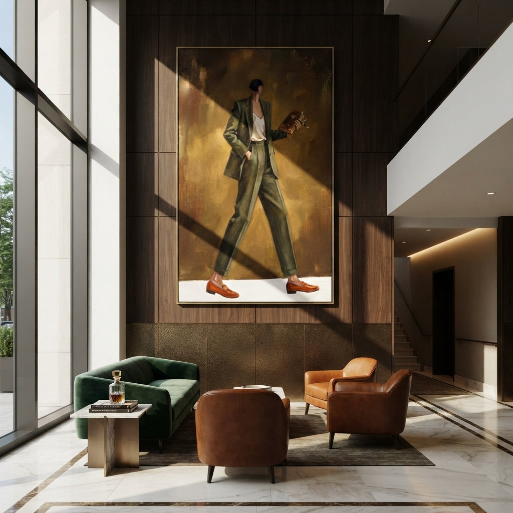 Mossy Still Wide-Legged Fashion Figure focuses on a stylized fashion figure in dramatic trousers, blouse, or patterned coat. The composition keeps the principal subject clearly separated from the painted field, so the eye can follow the specific gesture, silhouette, garment, fur, petal, ridge, or river visible in this artwork. Its color relationships move between green, brown, and yellow, with lighter passages opening the focal area and deeper strokes giving the forms weight. Palette-knife