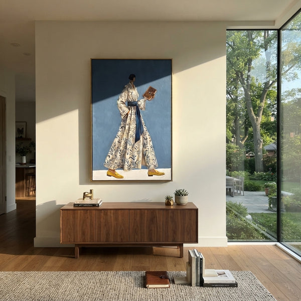 "Golden Still Wide-Legged Fashion Figure" - Modern Heavy Impasto Landscape Artwork | Orange & Black Palette Knife Painting | Luxury Vertical Wall Art #PT 3212