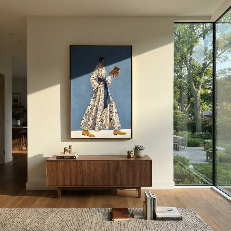 "Golden Still Wide-Legged Fashion Figure" - Modern Heavy Impasto Landscape Artwork | Orange & Black Palette Knife Painting | Luxury Vertical Wall Art #PT 3212