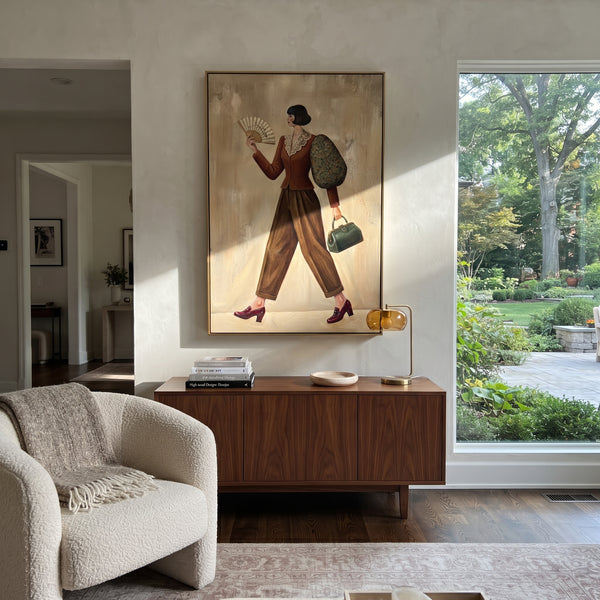 "Restful Still Wide-Legged Fashion Figure" - Modern Heavy Impasto Landscape Artwork | Green & Grey Palette Knife Painting | Luxury Vertical Wall Art #PT 3214