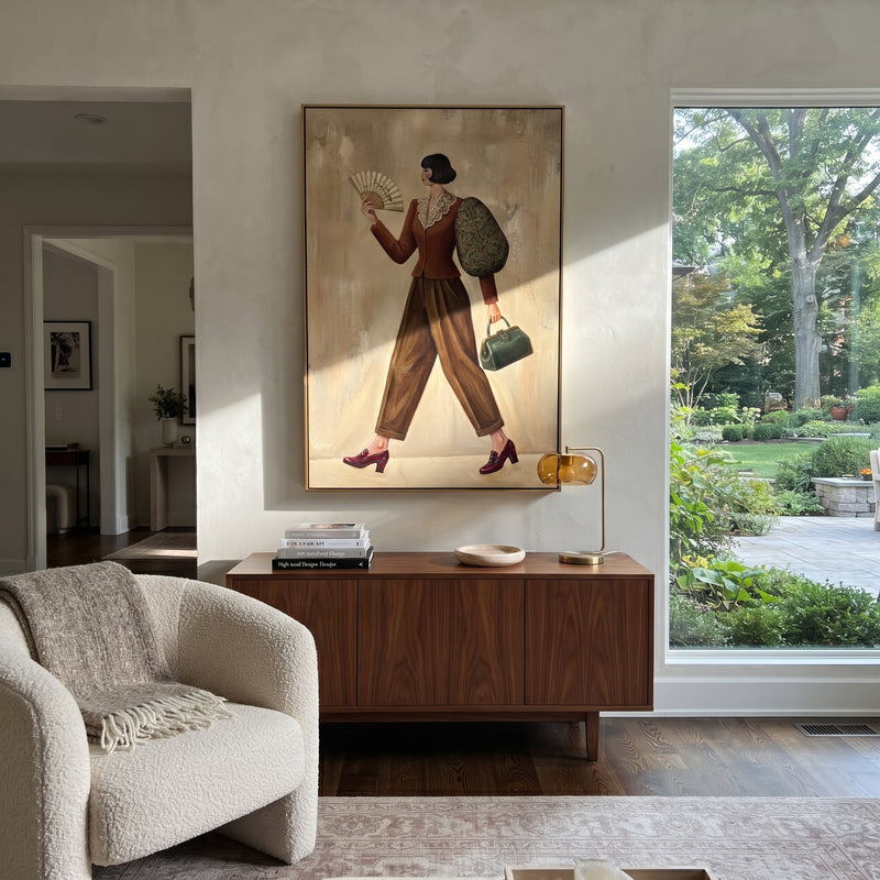 "Restful Still Wide-Legged Fashion Figure" - Modern Heavy Impasto Landscape Artwork | Green & Grey Palette Knife Painting | Luxury Vertical Wall Art #PT 3214