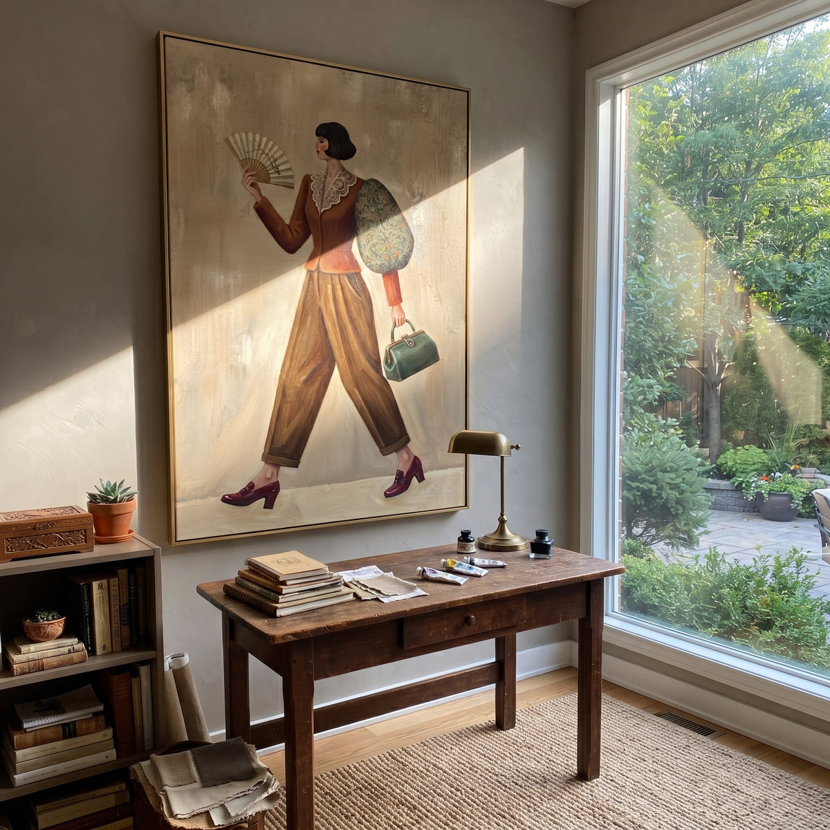 Restful Still Wide-Legged Fashion Figure focuses on a stylized fashion figure in dramatic trousers, blouse, or patterned coat. The composition keeps the principal subject clearly separated from the painted field, so the eye can follow the specific gesture, silhouette, garment, fur, petal, ridge, or river visible in this artwork. Its color relationships move between green, grey, and pink, with lighter passages opening the focal area and deeper strokes giving the forms weight. Palette-knife edges