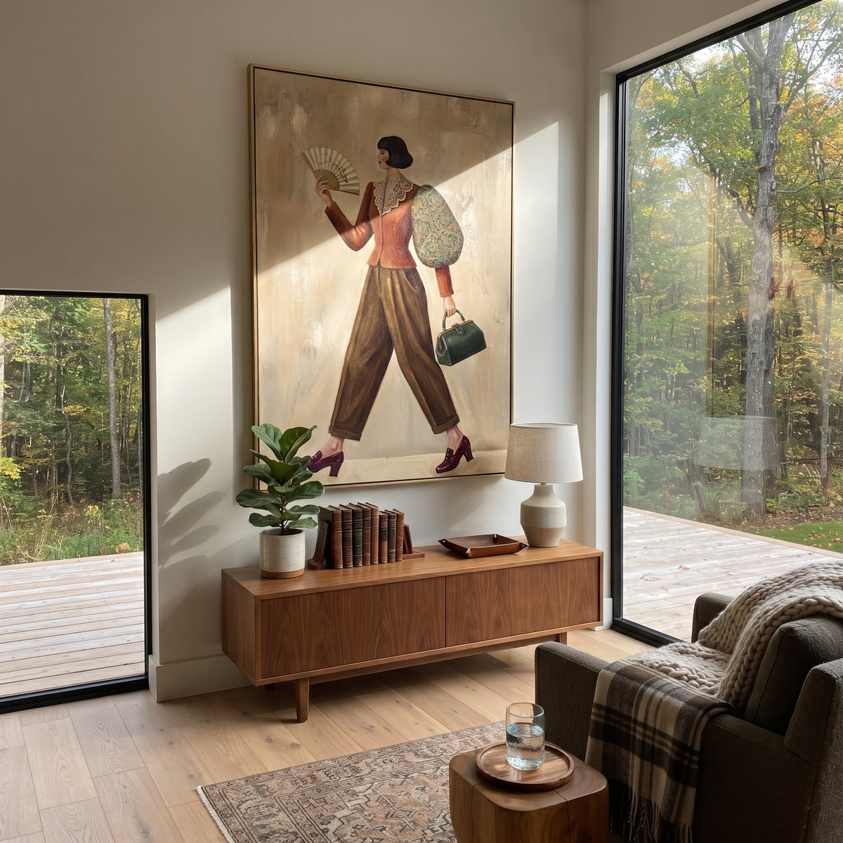 Restful Still Wide-Legged Fashion Figure focuses on a stylized fashion figure in dramatic trousers, blouse, or patterned coat. The composition keeps the principal subject clearly separated from the painted field, so the eye can follow the specific gesture, silhouette, garment, fur, petal, ridge, or river visible in this artwork. Its color relationships move between green, grey, and pink, with lighter passages opening the focal area and deeper strokes giving the forms weight. Palette-knife edges