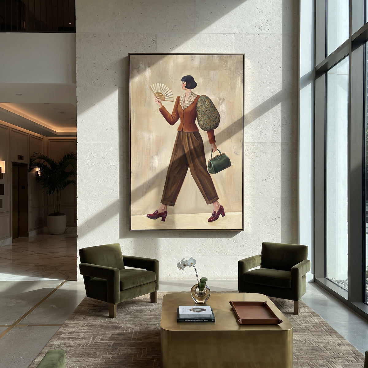 Restful Still Wide-Legged Fashion Figure focuses on a stylized fashion figure in dramatic trousers, blouse, or patterned coat. The composition keeps the principal subject clearly separated from the painted field, so the eye can follow the specific gesture, silhouette, garment, fur, petal, ridge, or river visible in this artwork. Its color relationships move between green, grey, and pink, with lighter passages opening the focal area and deeper strokes giving the forms weight. Palette-knife edges