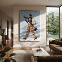 Playful Still Wide-Legged Fashion Figure focuses on a stylized fashion figure in dramatic trousers, blouse, or patterned coat. The composition keeps the principal subject clearly separated from the painted field, so the eye can follow the specific gesture, silhouette, garment, fur, petal, ridge, or river visible in this artwork. Its color relationships move between beige, black, and blue, with lighter passages opening the focal area and deeper strokes giving the forms weight. Palette-knife