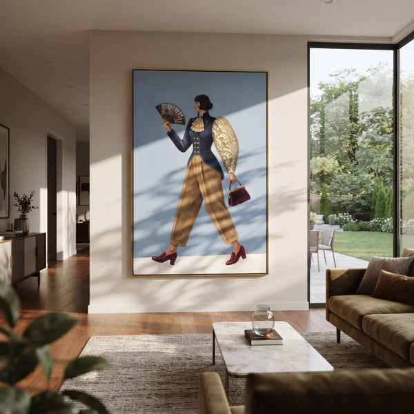 "Playful Still Wide-Legged Fashion Figure" - Modern Heavy Impasto Landscape Artwork | Beige & Black Palette Knife Painting | Luxury Vertical Wall Art #PT 3215