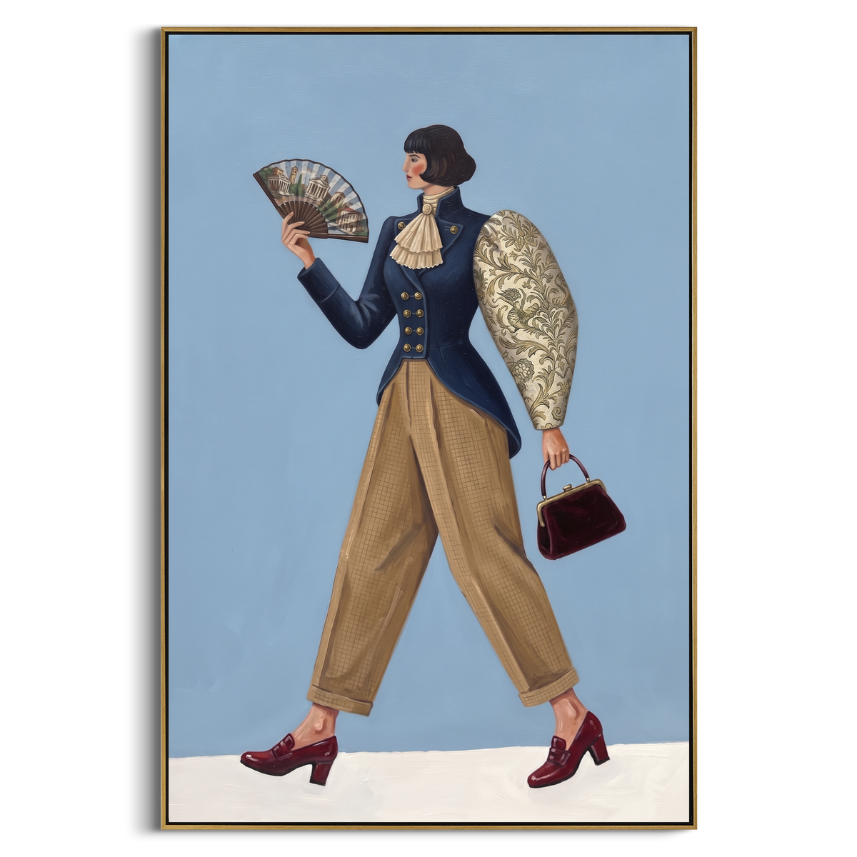 Playful Still Wide-Legged Fashion Figure focuses on a stylized fashion figure in dramatic trousers, blouse, or patterned coat. The composition keeps the principal subject clearly separated from the painted field, so the eye can follow the specific gesture, silhouette, garment, fur, petal, ridge, or river visible in this artwork. Its color relationships move between beige, black, and blue, with lighter passages opening the focal area and deeper strokes giving the forms weight. Palette-knife