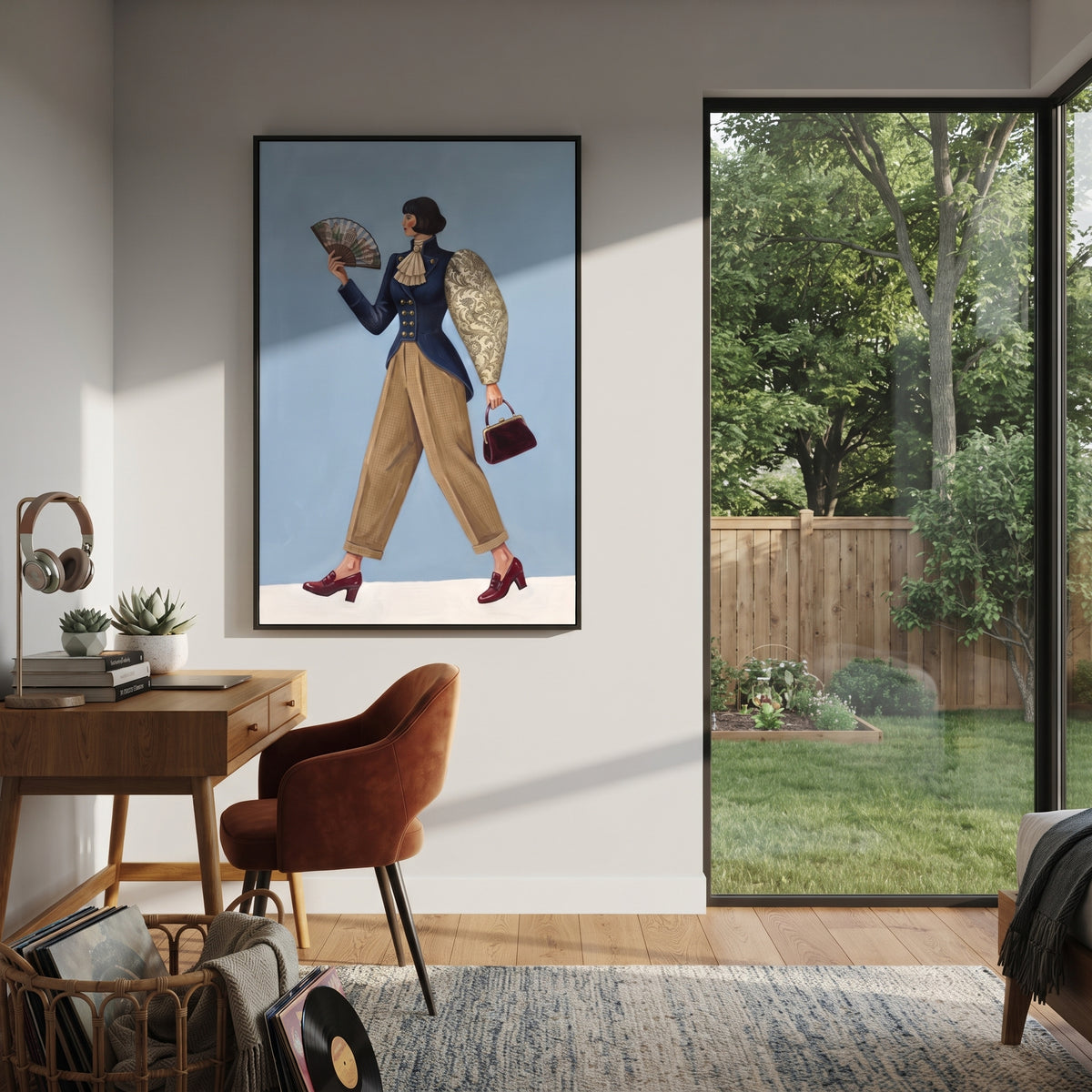 Playful Still Wide-Legged Fashion Figure focuses on a stylized fashion figure in dramatic trousers, blouse, or patterned coat. The composition keeps the principal subject clearly separated from the painted field, so the eye can follow the specific gesture, silhouette, garment, fur, petal, ridge, or river visible in this artwork. Its color relationships move between beige, black, and blue, with lighter passages opening the focal area and deeper strokes giving the forms weight. Palette-knife