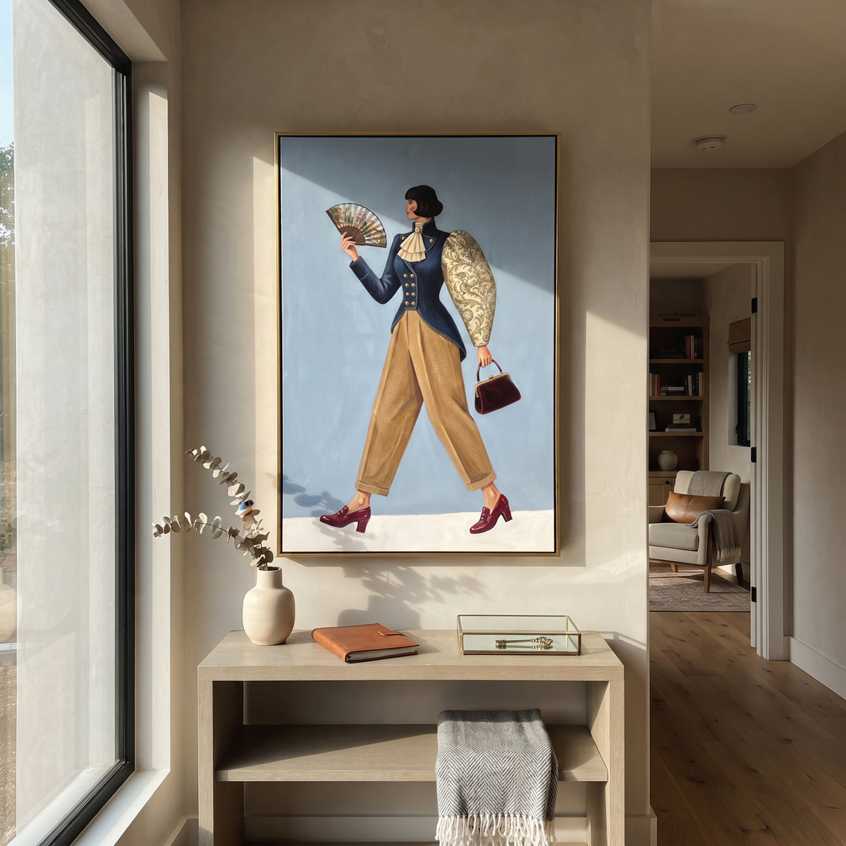 Playful Still Wide-Legged Fashion Figure focuses on a stylized fashion figure in dramatic trousers, blouse, or patterned coat. The composition keeps the principal subject clearly separated from the painted field, so the eye can follow the specific gesture, silhouette, garment, fur, petal, ridge, or river visible in this artwork. Its color relationships move between beige, black, and blue, with lighter passages opening the focal area and deeper strokes giving the forms weight. Palette-knife