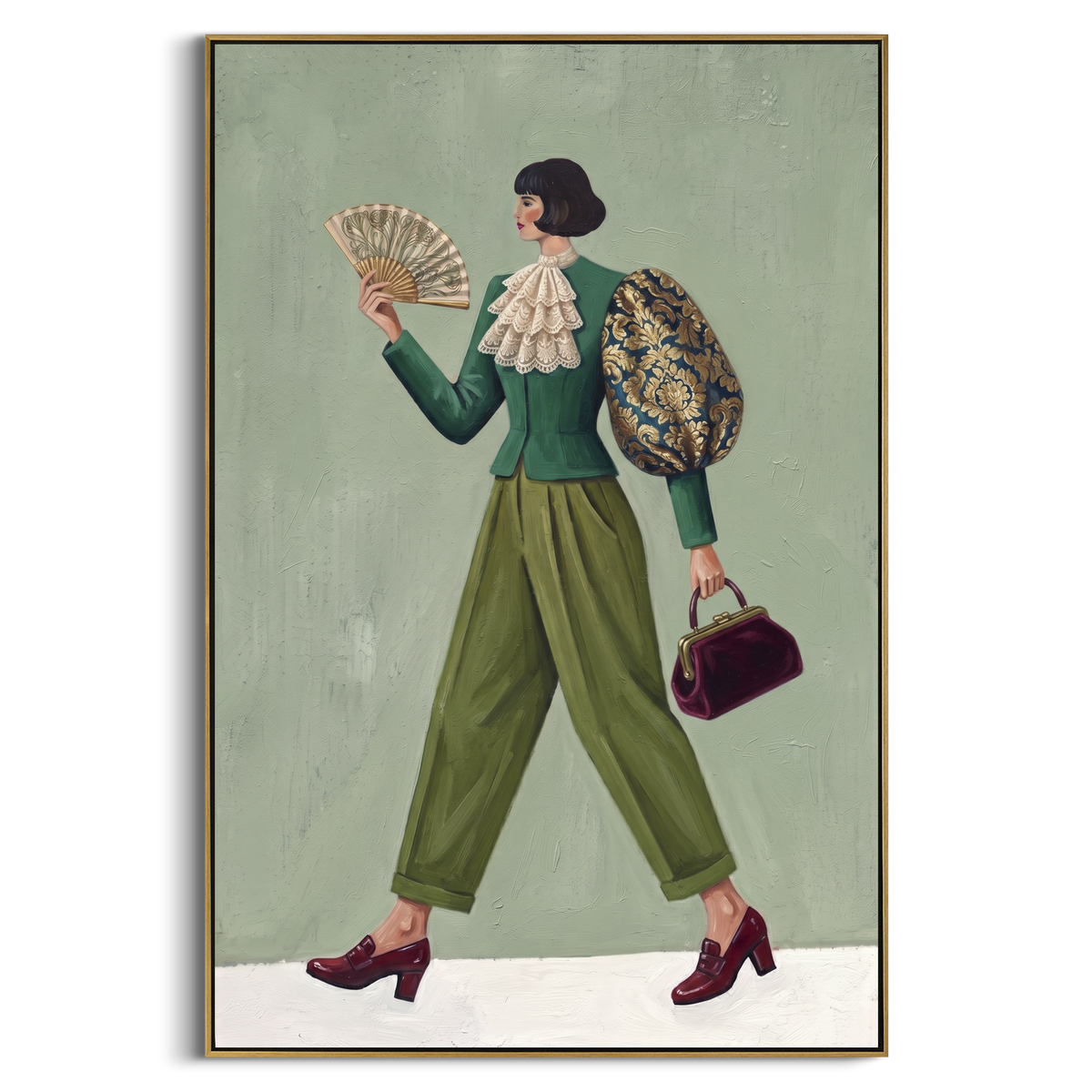 Distant Still Wide-Legged Fashion Figure focuses on a stylized fashion figure in dramatic trousers, blouse, or patterned coat. The composition keeps the principal subject clearly separated from the painted field, so the eye can follow the specific gesture, silhouette, garment, fur, petal, ridge, or river visible in this artwork. Its color relationships move between purple, green, and white, with lighter passages opening the focal area and deeper strokes giving the forms weight. Palette-knife