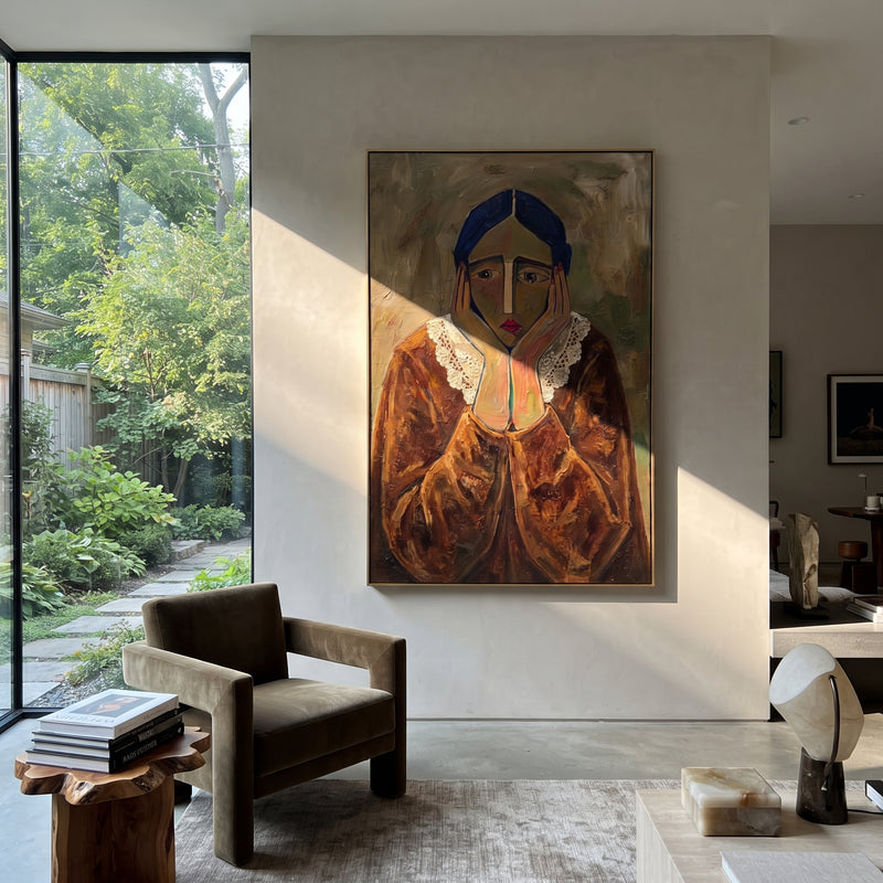 "Gathered Still Quiet Seated Portrait" - Modern Heavy Impasto Landscape Artwork | Blue & Beige Palette Knife Painting | Luxury Vertical Wall Art #PT 3217
