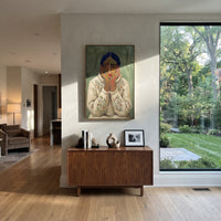 Warm Still Quiet Seated Portrait focuses on a seated woman with folded hands and patterned clothing. The composition keeps the principal subject clearly separated from the painted field, so the eye can follow the specific gesture, silhouette, garment, fur, petal, ridge, or river visible in this artwork. Its color relationships move between green, yellow, and beige, with lighter passages opening the focal area and deeper strokes giving the forms weight. Palette-knife edges, impasto ridges, broken