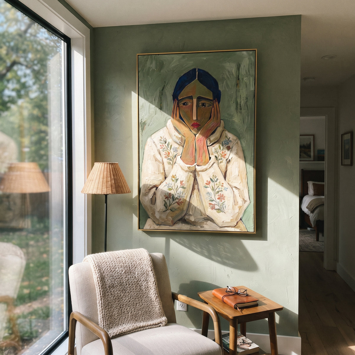 Warm Still Quiet Seated Portrait focuses on a seated woman with folded hands and patterned clothing. The composition keeps the principal subject clearly separated from the painted field, so the eye can follow the specific gesture, silhouette, garment, fur, petal, ridge, or river visible in this artwork. Its color relationships move between green, yellow, and beige, with lighter passages opening the focal area and deeper strokes giving the forms weight. Palette-knife edges, impasto ridges, broken