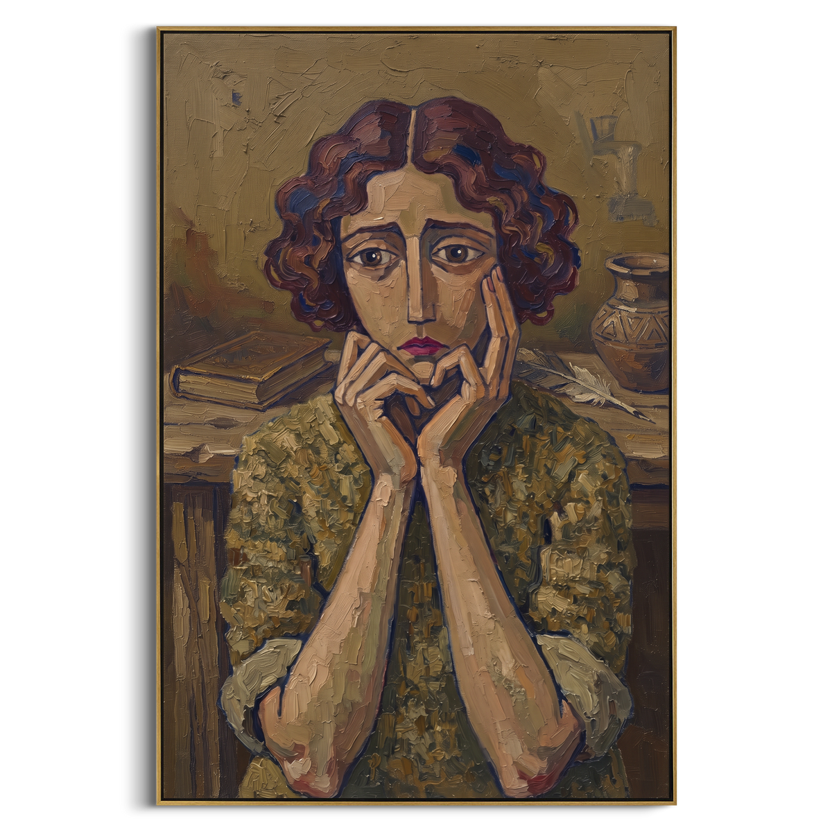 Still Still Quiet Seated Portrait focuses on a seated woman with folded hands and patterned clothing. The composition keeps the principal subject clearly separated from the painted field, so the eye can follow the specific gesture, silhouette, garment, fur, petal, ridge, or river visible in this artwork. Its color relationships move between blue, grey, and white, with lighter passages opening the focal area and deeper strokes giving the forms weight. Palette-knife edges, impasto ridges, broken