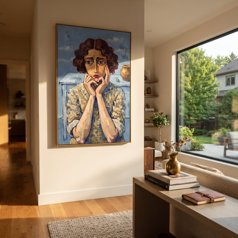 "Gentle Still Quiet Seated Portrait" - Modern Heavy Impasto Landscape Artwork | Green & Brown Palette Knife Painting | Luxury Vertical Wall Art #PT 3221