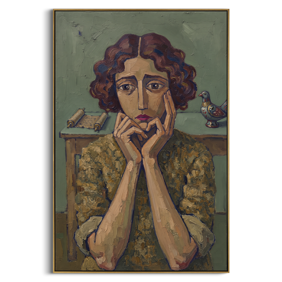Open Still Quiet Seated Portrait focuses on a seated woman with folded hands and patterned clothing. The composition keeps the principal subject clearly separated from the painted field, so the eye can follow the specific gesture, silhouette, garment, fur, petal, ridge, or river visible in this artwork. Its color relationships move between orange, black, and beige, with lighter passages opening the focal area and deeper strokes giving the forms weight. Palette-knife edges, impasto ridges, broken