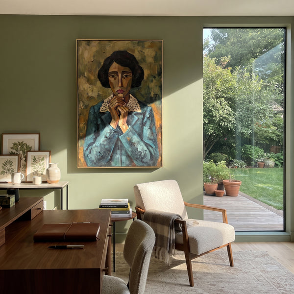 "Wandering Still Quiet Seated Portrait" - Modern Heavy Impasto Landscape Artwork | Blue & Red Palette Knife Painting | Luxury Vertical Wall Art #PT 3223