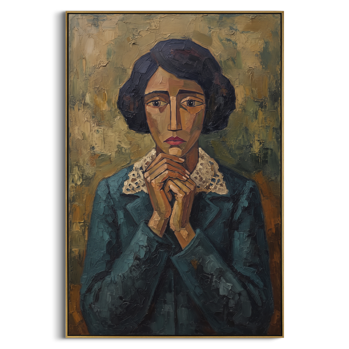 Wandering Still Quiet Seated Portrait focuses on a seated woman with folded hands and patterned clothing. The composition keeps the principal subject clearly separated from the painted field, so the eye can follow the specific gesture, silhouette, garment, fur, petal, ridge, or river visible in this artwork. Its color relationships move between blue, red, and white, with lighter passages opening the focal area and deeper strokes giving the forms weight. Palette-knife edges, impasto ridges