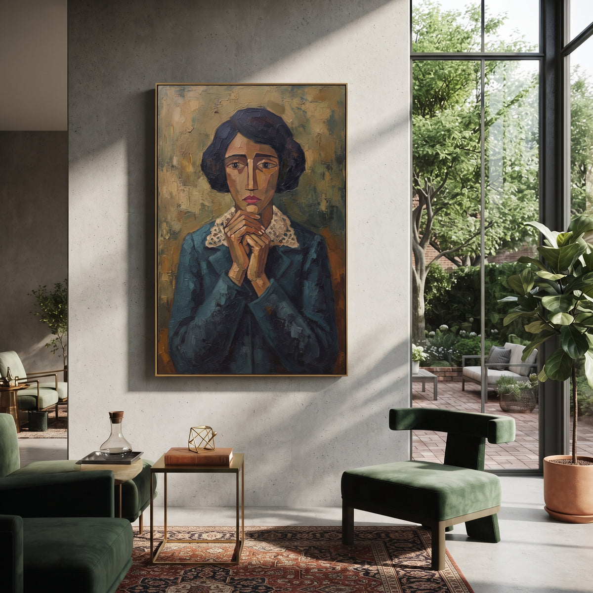 Wandering Still Quiet Seated Portrait focuses on a seated woman with folded hands and patterned clothing. The composition keeps the principal subject clearly separated from the painted field, so the eye can follow the specific gesture, silhouette, garment, fur, petal, ridge, or river visible in this artwork. Its color relationships move between blue, red, and white, with lighter passages opening the focal area and deeper strokes giving the forms weight. Palette-knife edges, impasto ridges