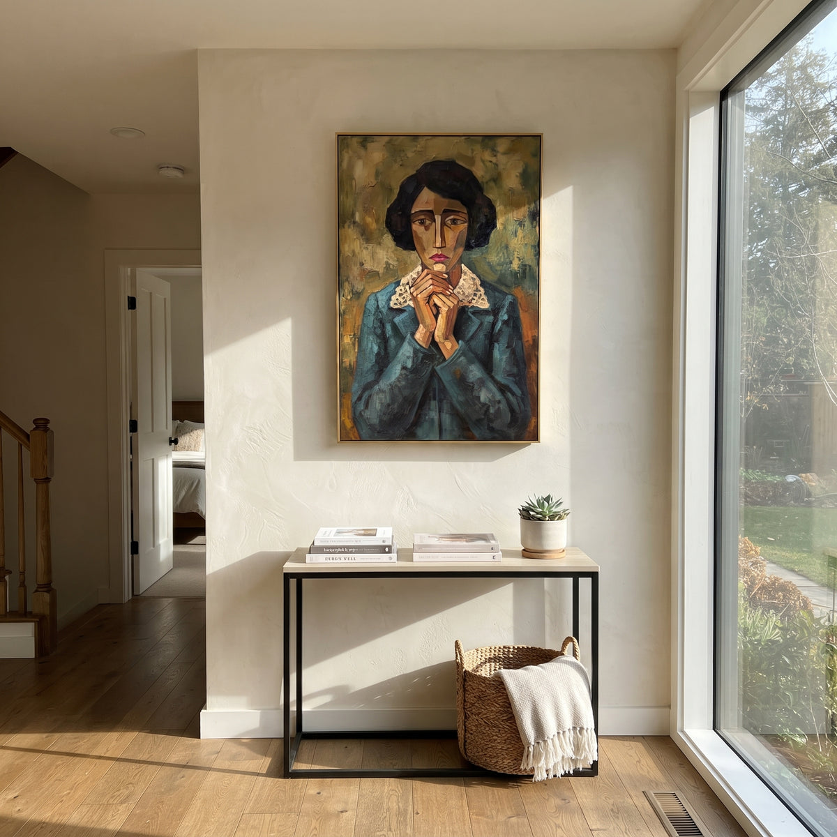 Wandering Still Quiet Seated Portrait focuses on a seated woman with folded hands and patterned clothing. The composition keeps the principal subject clearly separated from the painted field, so the eye can follow the specific gesture, silhouette, garment, fur, petal, ridge, or river visible in this artwork. Its color relationships move between blue, red, and white, with lighter passages opening the focal area and deeper strokes giving the forms weight. Palette-knife edges, impasto ridges