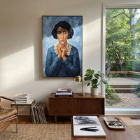 Reflective Still Quiet Seated Portrait focuses on a seated woman with folded hands and patterned clothing. The composition keeps the principal subject clearly separated from the painted field, so the eye can follow the specific gesture, silhouette, garment, fur, petal, ridge, or river visible in this artwork. Its color relationships move between green, grey, and pink, with lighter passages opening the focal area and deeper strokes giving the forms weight. Palette-knife edges, impasto ridges
