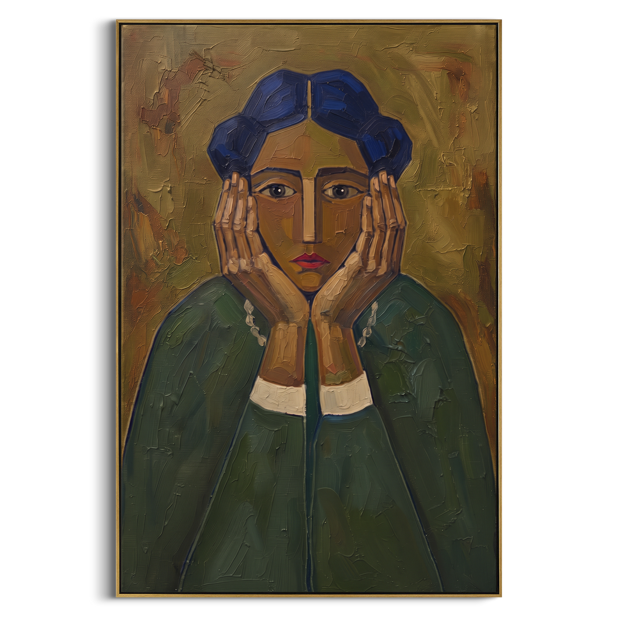 Storybook Still Quiet Seated Portrait focuses on a seated woman with folded hands and patterned clothing. The composition keeps the principal subject clearly separated from the painted field, so the eye can follow the specific gesture, silhouette, garment, fur, petal, ridge, or river visible in this artwork. Its color relationships move between purple, green, and white, with lighter passages opening the focal area and deeper strokes giving the forms weight. Palette-knife edges, impasto ridges
