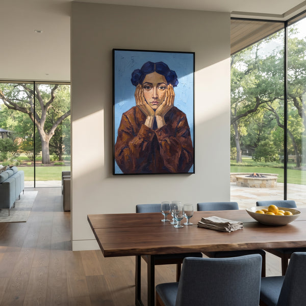 "Quiet Gentle Quiet Seated Portrait" - Modern Heavy Impasto Landscape Artwork | Blue & Beige Palette Knife Painting | Luxury Vertical Wall Art #PT 3227