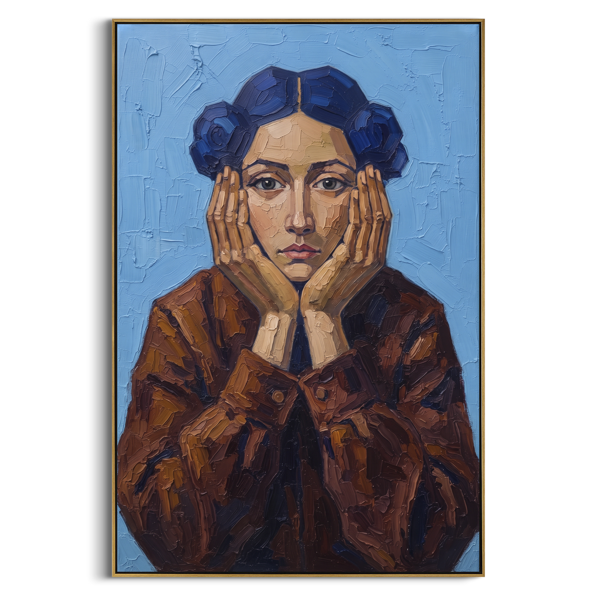 "Quiet Gentle Quiet Seated Portrait" - Modern Heavy Impasto Landscape Artwork | Blue & Beige Palette Knife Painting | Luxury Vertical Wall Art #PT 3227