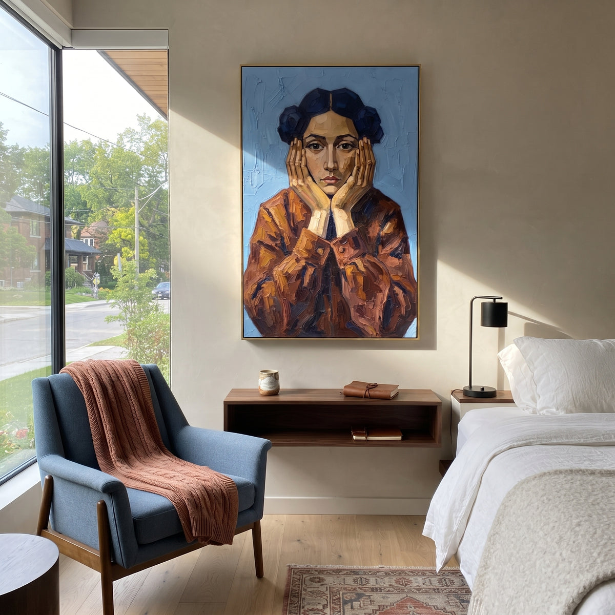 Quiet Gentle Quiet Seated Portrait focuses on a seated woman with folded hands and patterned clothing. The composition keeps the principal subject clearly separated from the painted field, so the eye can follow the specific gesture, silhouette, garment, fur, petal, ridge, or river visible in this artwork. Its color relationships move between blue, beige, and brown, with lighter passages opening the focal area and deeper strokes giving the forms weight. Palette-knife edges, impasto ridges, broken