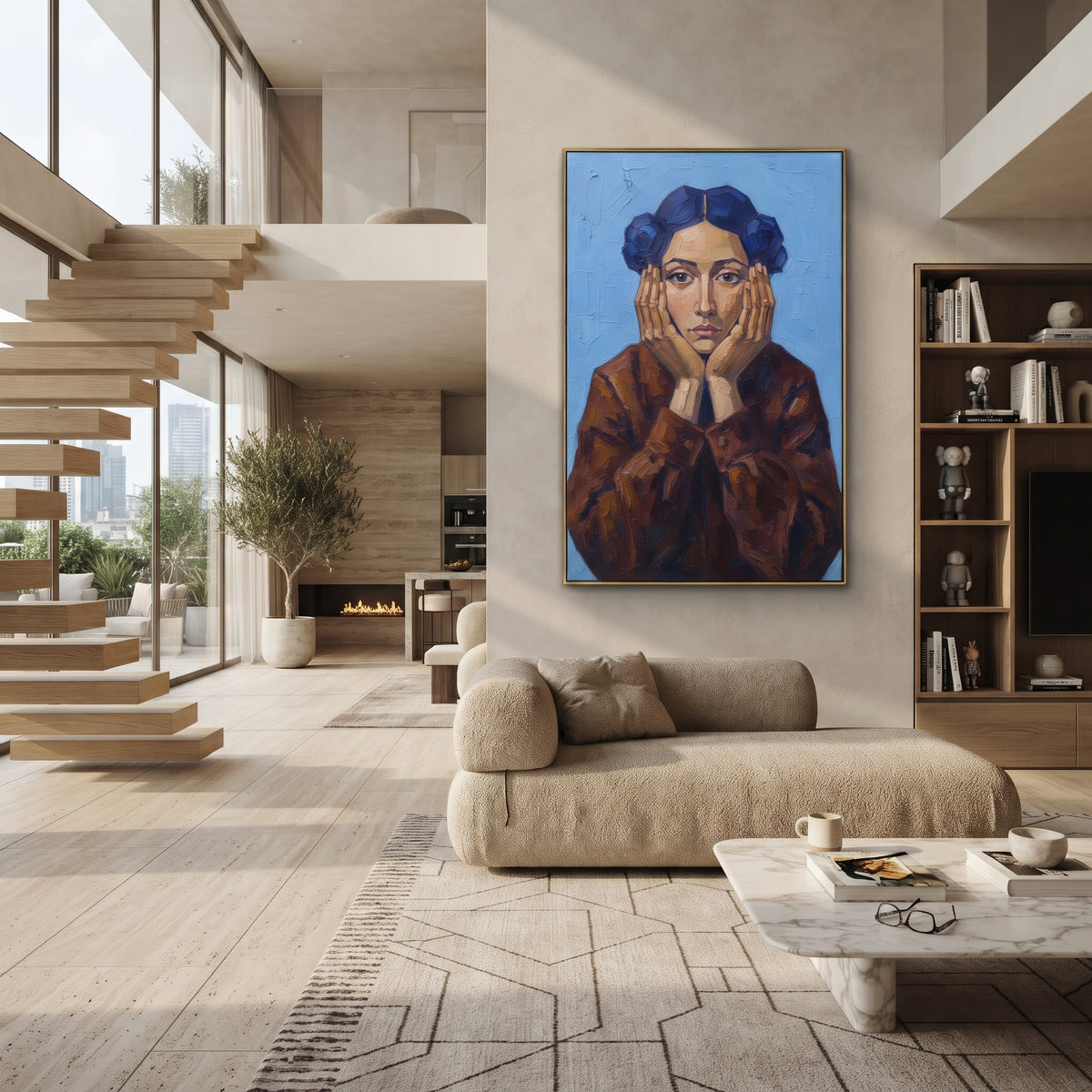 Quiet Gentle Quiet Seated Portrait focuses on a seated woman with folded hands and patterned clothing. The composition keeps the principal subject clearly separated from the painted field, so the eye can follow the specific gesture, silhouette, garment, fur, petal, ridge, or river visible in this artwork. Its color relationships move between blue, beige, and brown, with lighter passages opening the focal area and deeper strokes giving the forms weight. Palette-knife edges, impasto ridges, broken