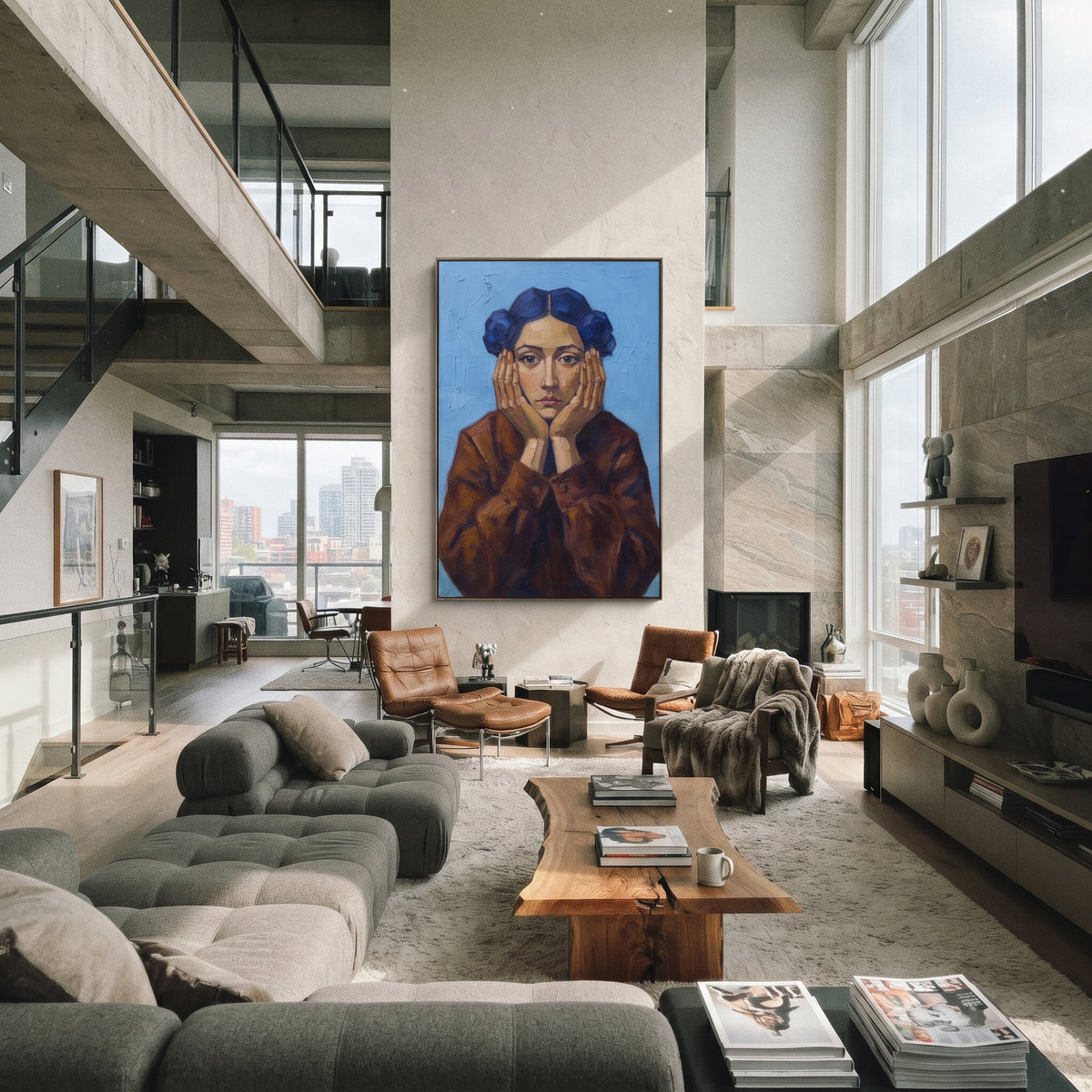 Quiet Gentle Quiet Seated Portrait focuses on a seated woman with folded hands and patterned clothing. The composition keeps the principal subject clearly separated from the painted field, so the eye can follow the specific gesture, silhouette, garment, fur, petal, ridge, or river visible in this artwork. Its color relationships move between blue, beige, and brown, with lighter passages opening the focal area and deeper strokes giving the forms weight. Palette-knife edges, impasto ridges, broken
