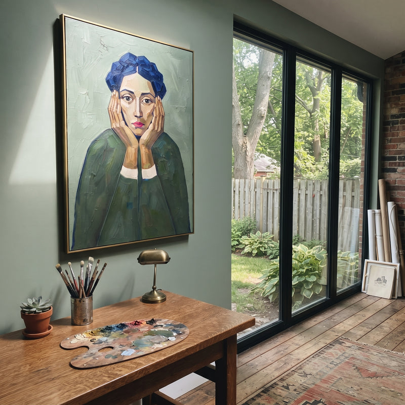 "Luminous Gentle Quiet Seated Portrait" - Modern Heavy Impasto Landscape Artwork | Orange & Pink Palette Knife Painting | Luxury Vertical Wall Art #PT 3228