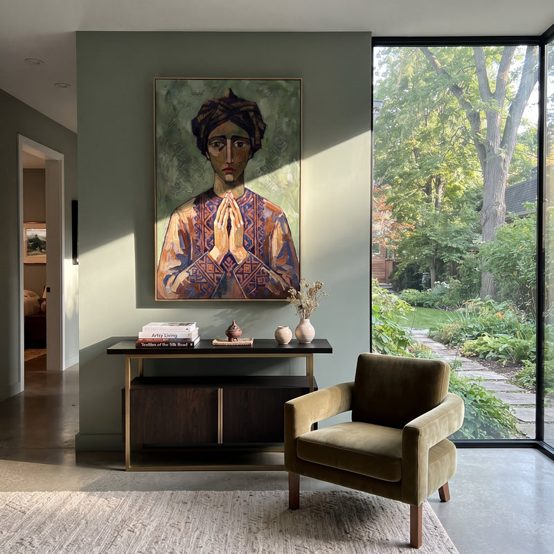 "Mossy Gentle Quiet Seated Portrait" - Modern Heavy Impasto Landscape Artwork | Green & Brown Palette Knife Painting | Luxury Vertical Wall Art #PT 3231