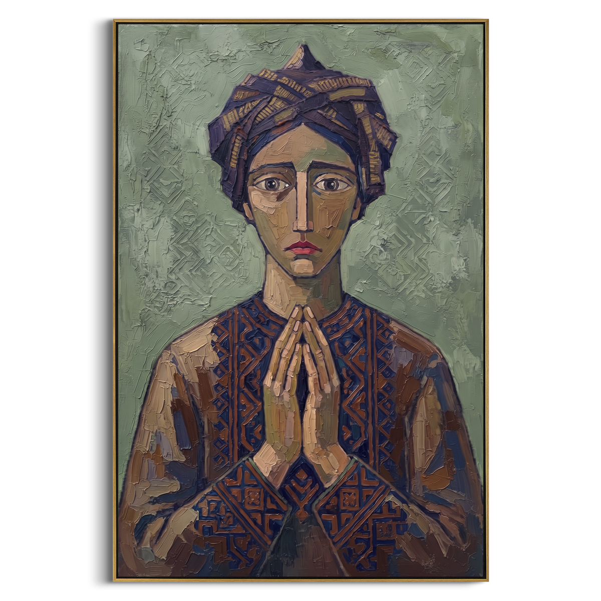 Mossy Gentle Quiet Seated Portrait focuses on a seated woman with folded hands and patterned clothing. The composition keeps the principal subject clearly separated from the painted field, so the eye can follow the specific gesture, silhouette, garment, fur, petal, ridge, or river visible in this artwork. Its color relationships move between green, brown, and yellow, with lighter passages opening the focal area and deeper strokes giving the forms weight. Palette-knife edges, impasto ridges