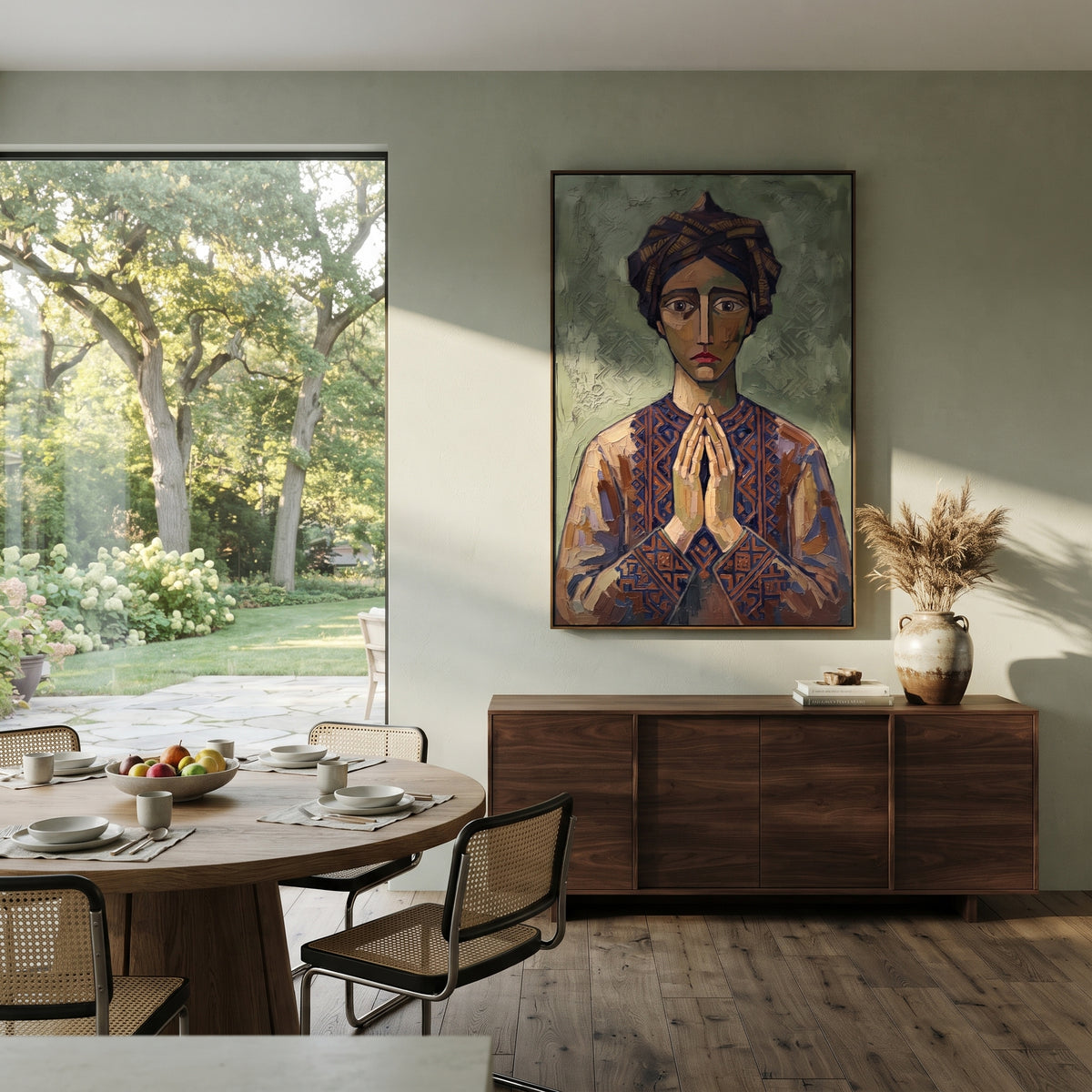 Mossy Gentle Quiet Seated Portrait focuses on a seated woman with folded hands and patterned clothing. The composition keeps the principal subject clearly separated from the painted field, so the eye can follow the specific gesture, silhouette, garment, fur, petal, ridge, or river visible in this artwork. Its color relationships move between green, brown, and yellow, with lighter passages opening the focal area and deeper strokes giving the forms weight. Palette-knife edges, impasto ridges