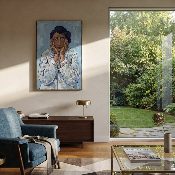 "Soft Gentle Quiet Seated Portrait" - Modern Heavy Impasto Landscape Artwork | Blue & Red Palette Knife Painting | Luxury Vertical Wall Art #PT 3233