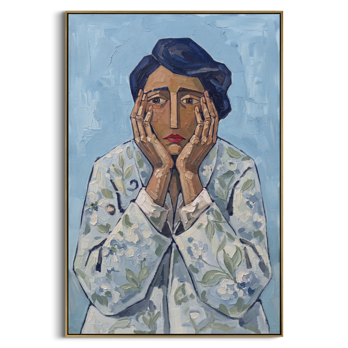 Soft Gentle Quiet Seated Portrait focuses on a seated woman with folded hands and patterned clothing. The composition keeps the principal subject clearly separated from the painted field, so the eye can follow the specific gesture, silhouette, garment, fur, petal, ridge, or river visible in this artwork. Its color relationships move between blue, red, and white, with lighter passages opening the focal area and deeper strokes giving the forms weight. Palette-knife edges, impasto ridges, broken