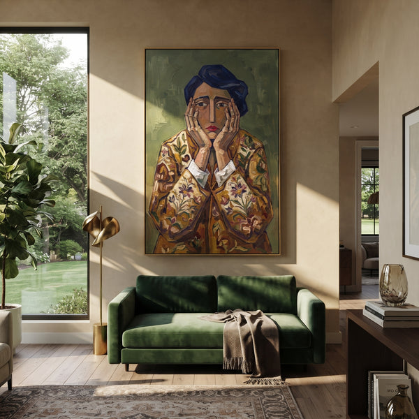 "Restful Gentle Quiet Seated Portrait" - Modern Heavy Impasto Landscape Artwork | Green & Grey Palette Knife Painting | Luxury Vertical Wall Art #PT 3234