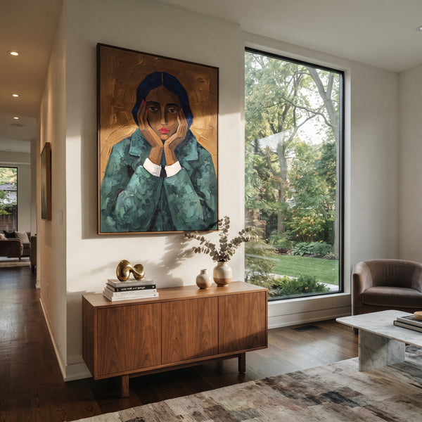 "Playful Gentle Quiet Seated Portrait" - Modern Heavy Impasto Landscape Artwork | Beige & Black Palette Knife Painting | Luxury Vertical Wall Art #PT 3235