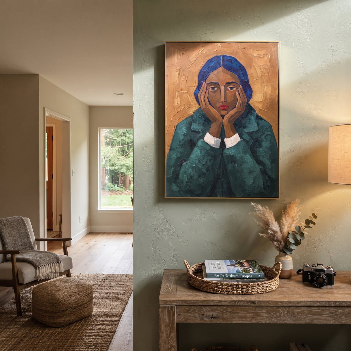 Playful Gentle Quiet Seated Portrait focuses on a seated woman with folded hands and patterned clothing. The composition keeps the principal subject clearly separated from the painted field, so the eye can follow the specific gesture, silhouette, garment, fur, petal, ridge, or river visible in this artwork. Its color relationships move between beige, black, and blue, with lighter passages opening the focal area and deeper strokes giving the forms weight. Palette-knife edges, impasto ridges