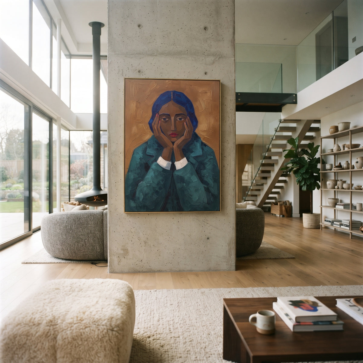 Playful Gentle Quiet Seated Portrait focuses on a seated woman with folded hands and patterned clothing. The composition keeps the principal subject clearly separated from the painted field, so the eye can follow the specific gesture, silhouette, garment, fur, petal, ridge, or river visible in this artwork. Its color relationships move between beige, black, and blue, with lighter passages opening the focal area and deeper strokes giving the forms weight. Palette-knife edges, impasto ridges