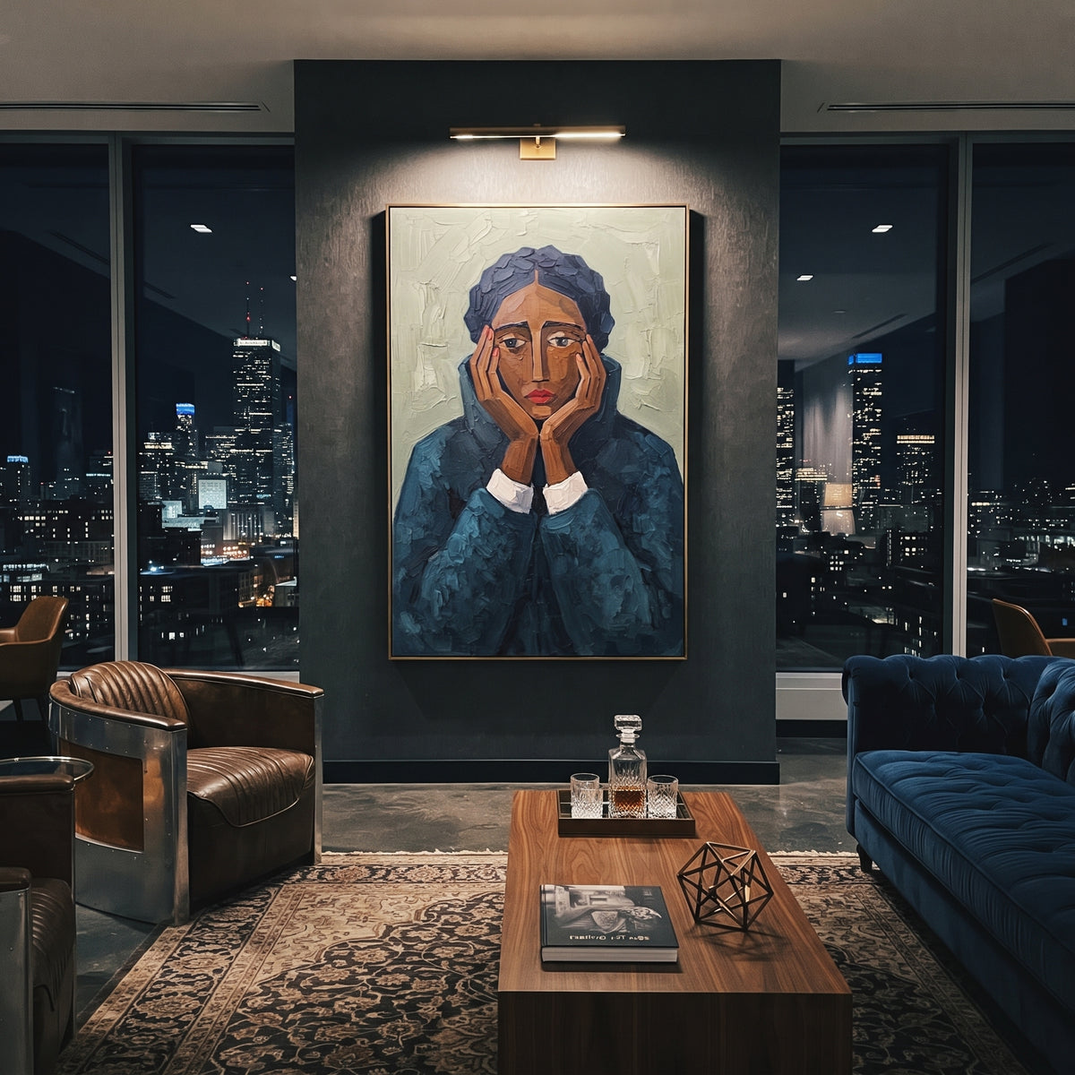 Gathered Gentle Quiet Seated Portrait focuses on a seated woman with folded hands and patterned clothing. The composition keeps the principal subject clearly separated from the painted field, so the eye can follow the specific gesture, silhouette, garment, fur, petal, ridge, or river visible in this artwork. Its color relationships move between blue, beige, and brown, with lighter passages opening the focal area and deeper strokes giving the forms weight. Palette-knife edges, impasto ridges